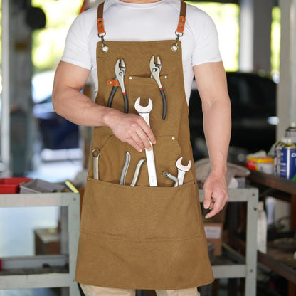 Aoomzoon Canvas Aprons for Men Chef Apron, Work Apron with Large Pockets - Durable 16oz Heavy Duty Cross Back, BBQ, Cooking (Brown, 1 Pack)
