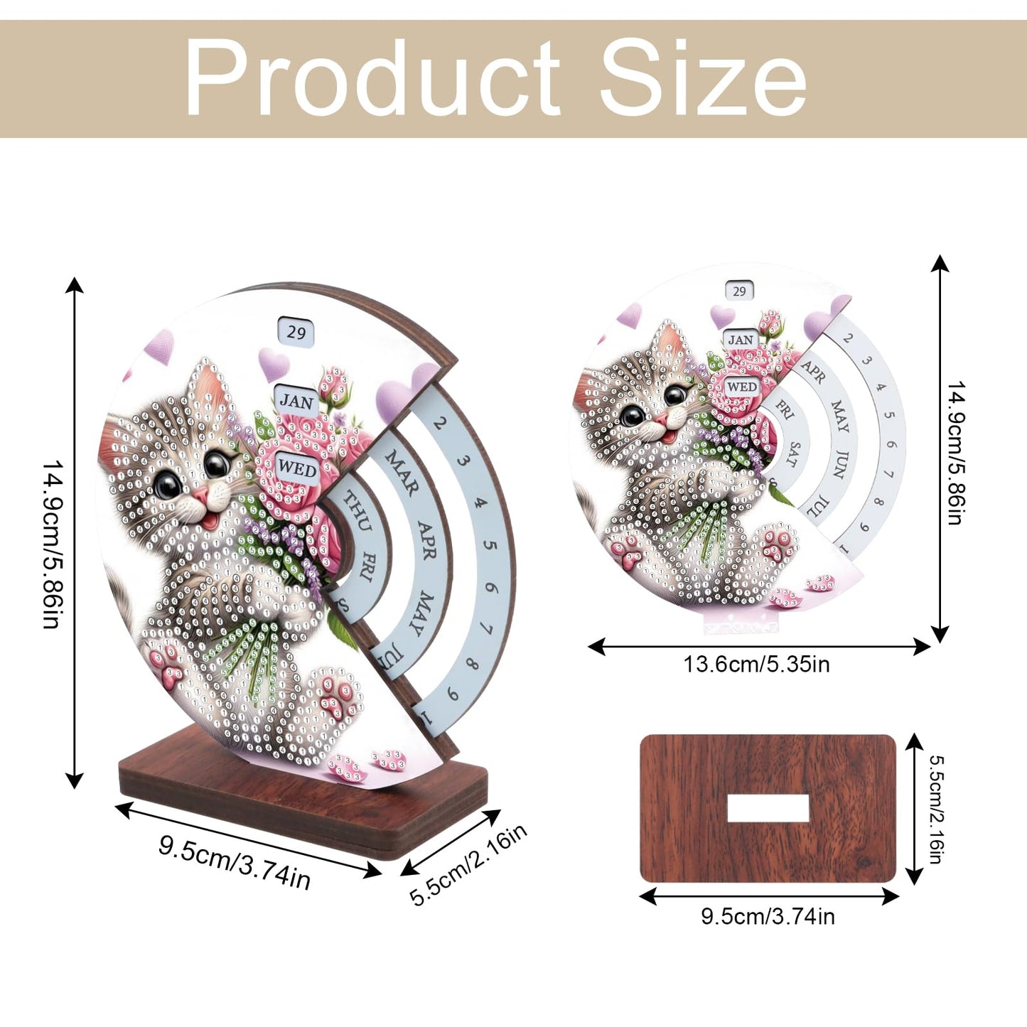 AiYuanzsh 3D Diamond Art Tabletop Perpetual Calendar Kit, DIY Wooden Desktop Ornament with Cute Cat Design, Sparkling Diamond Painting Desk Decoration Gift for Home & Office
