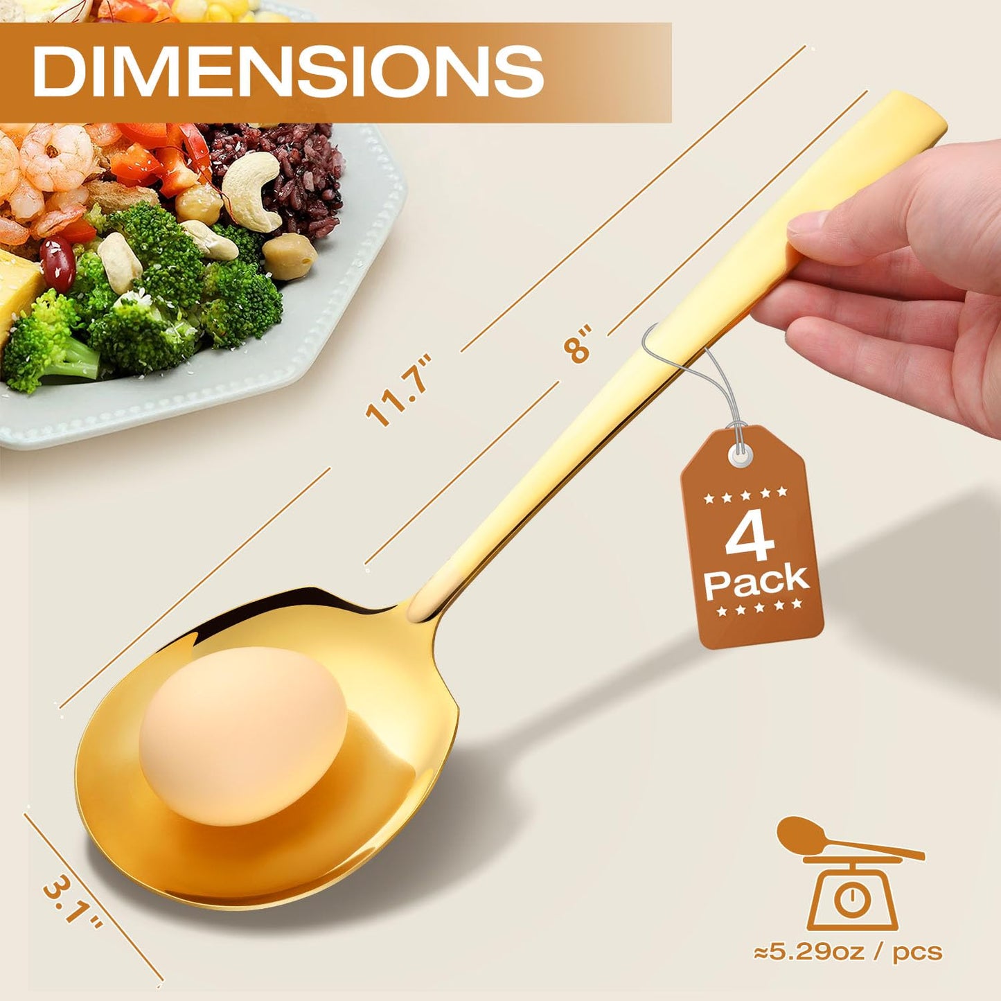 Extra Large Serving Spoons Set 11.7-Inch Gold Serving Utensils 18/8 Stainless Steel Big Metal Spoons for Buffet, Parties, Catering, Banquet - Dishwasher Safe (4-Pack, Gold)