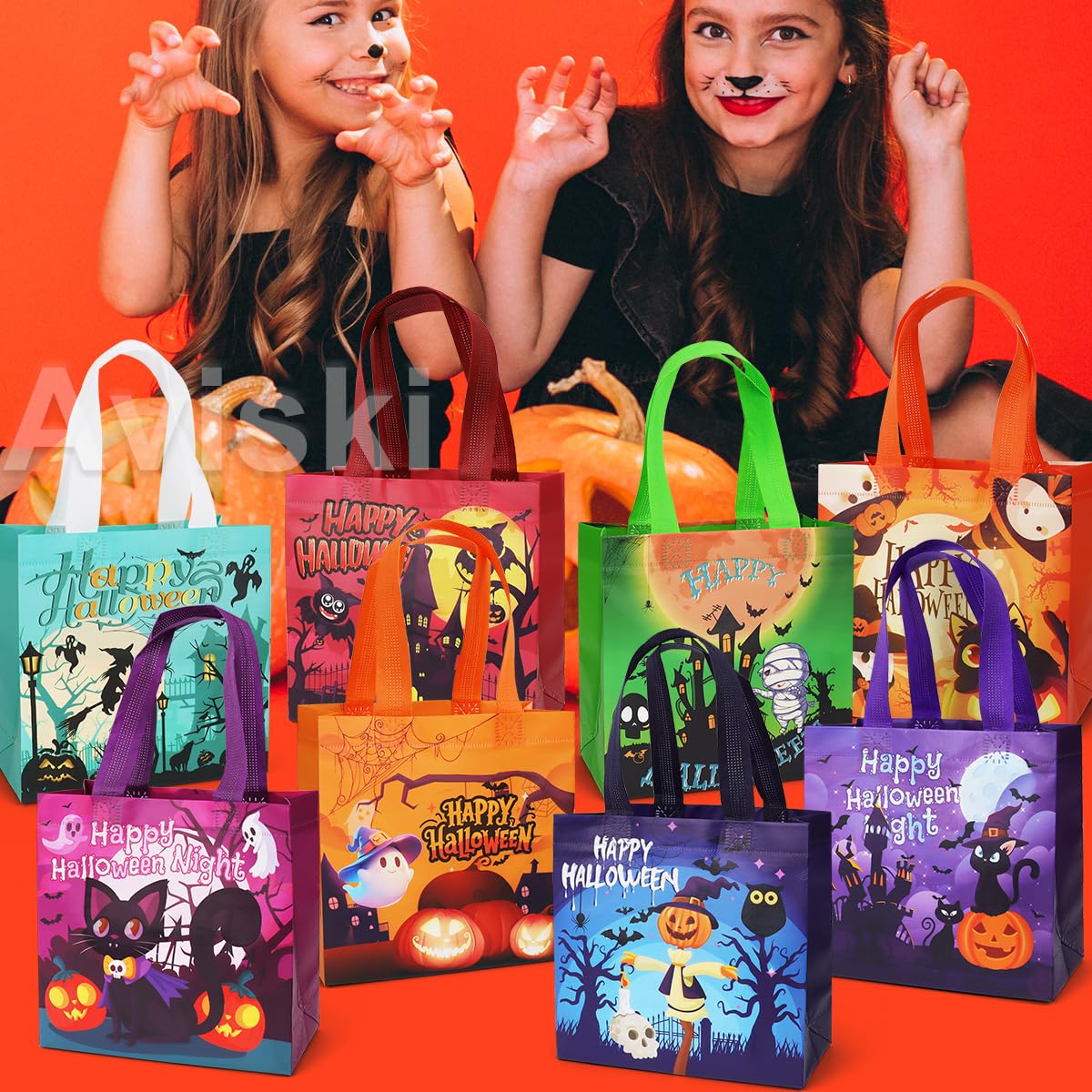 Aviski 24PCS Halloween Small Trick or Treat Bags, 7.9"×7.9"×3.15", Non-Woven Gift Tote Bags with Handles for Gifts Wrapping, Party Supplies