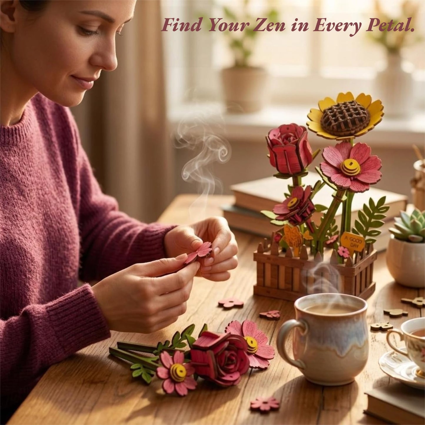 Gueiddi 3D Wooden Flower Puzzle for Adults, Wooden Wildflower Bouquet Model Building Kit, DIY Artificial Floral Stem for Home Decor, Unique Birthday for Women, Mom & Teens