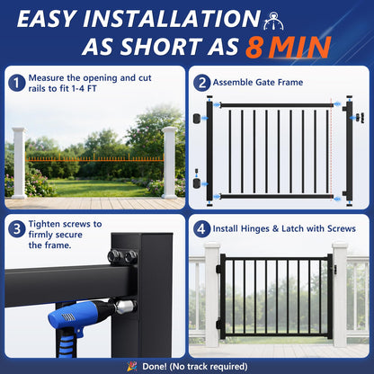 Guwezoy W.4ft x H.36in Aluminum Deck Gate Outdoor, Cuttable Porch Gate Kit with Latch and Auto-Closing Hinge, AAMA 2604–Grade Sand-Texture Black Outdoor Gate for Deck Railing Patios, Porch, Garden