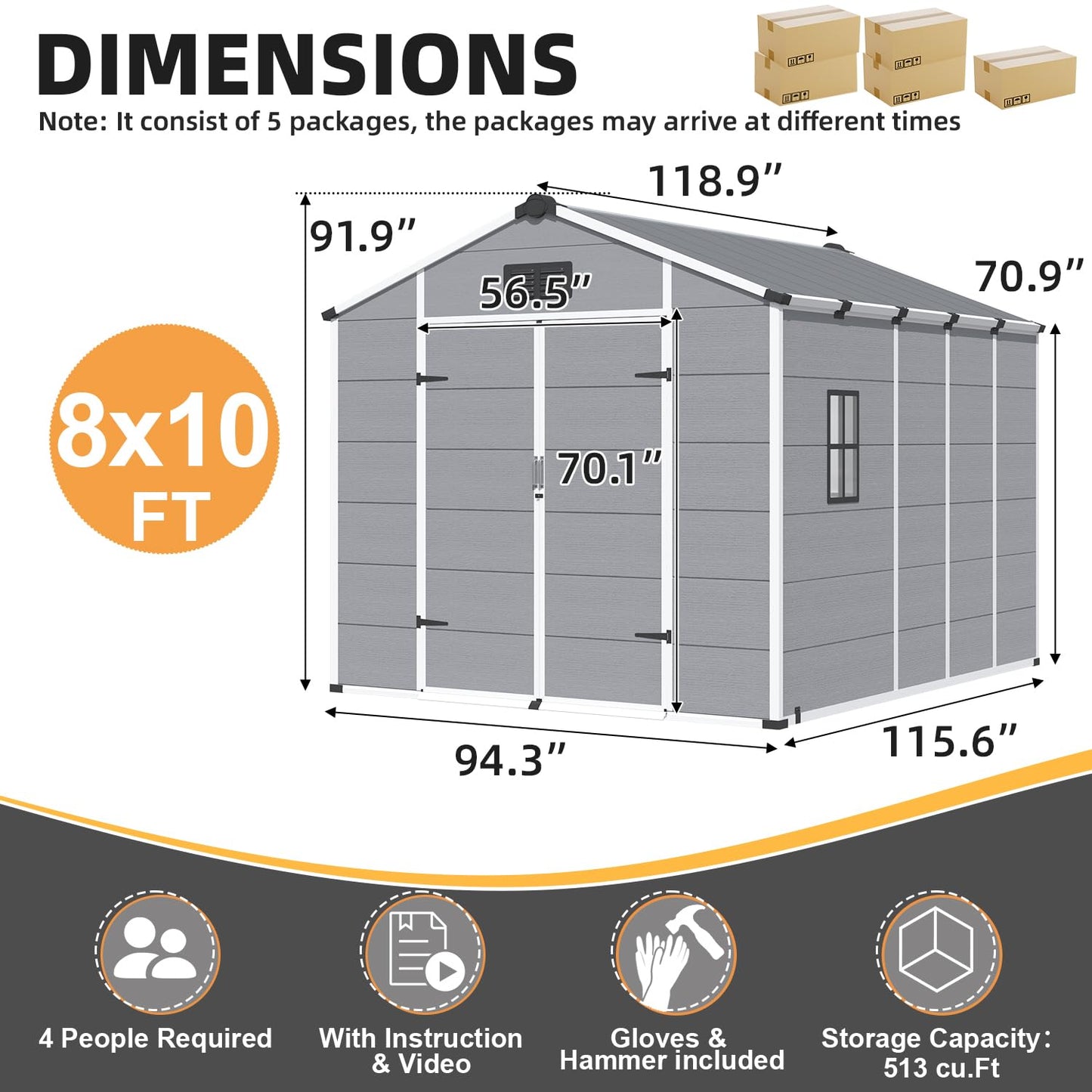 MELLCOM 8 x 10 FT Resin Outdoor Storage Shed with Windows, Outdoor Storage Tool Shed with Floor and Lockable Door, Resin Garden Shed for Garbage Can, Bike, Lawnmower