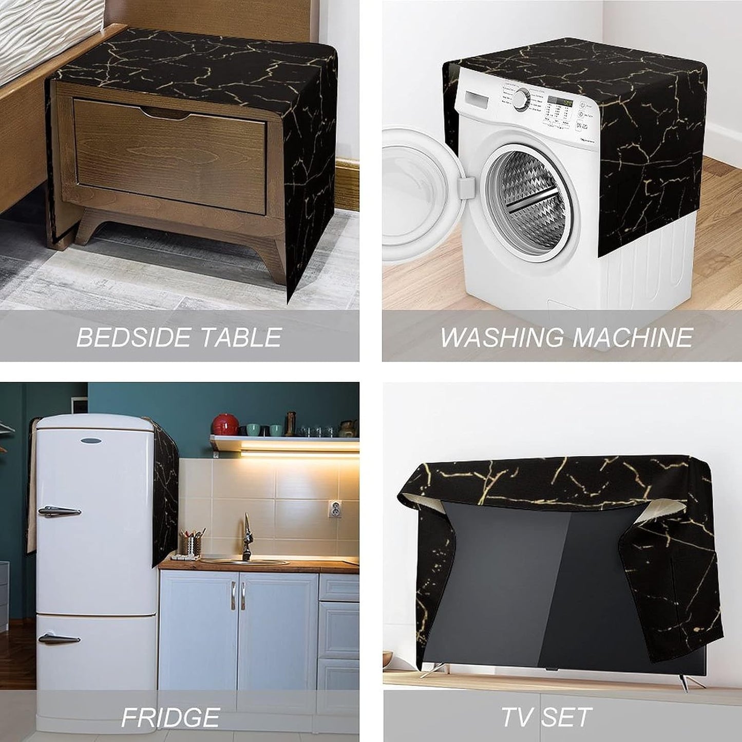 Black Marble Pattern Washing Machine Dryer Top Cover, Dust-Proof Refrigerator Cover with Storage Pockets, Kitchen