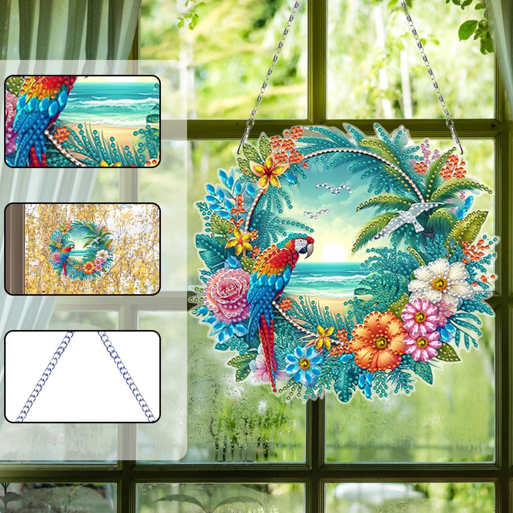 C'eitura DIY Acrylic Beach Flower Parrots Diamond Painting Kit, 5D Special Shape Drill Ocean Art for Home Decor, Unique Summer Gift，Relaxing DIY Craft Kit for Adults & Teens