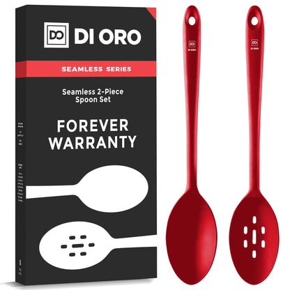 DIORO Silicone Mixing & Serving Spoons - Large Heat-Resistant Non Stick Utensils Big Solid & Slotted Basting & Stirring Spoons - Dishwasher Safe (2pc, Red)