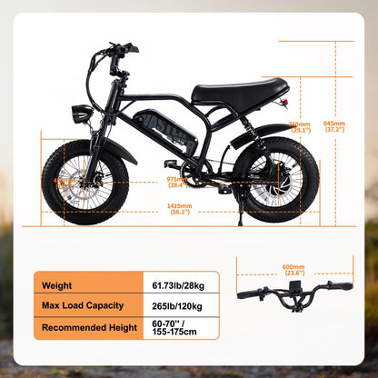 VDL Mountain Electric Bike for Adults, 16" Fat Tire Ebike, Wider Seat 800W Peak Motor, Removable Battery, Front Fork Suspension, 20MPH, UP to 35 Miles Mountain Ebike, for Leisure Riding&Commuting