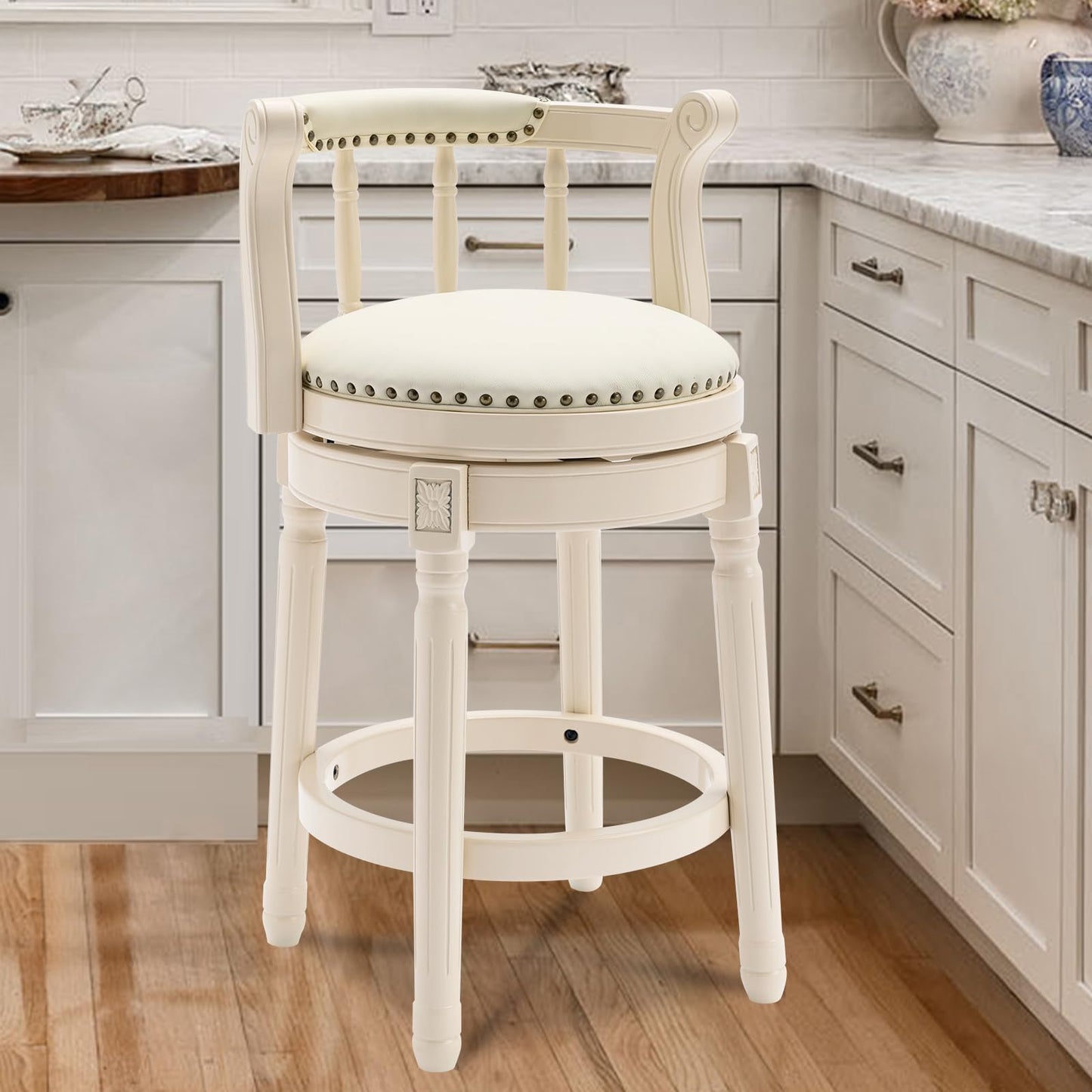CozyRain Bar Stools Modern Swivel Barstools, Kitchen Counter Genuine Leather Upholstered Bar Stool Island Barstool with Footrest for Home Kitchen Dining Room (White, Seat Height 26 in)