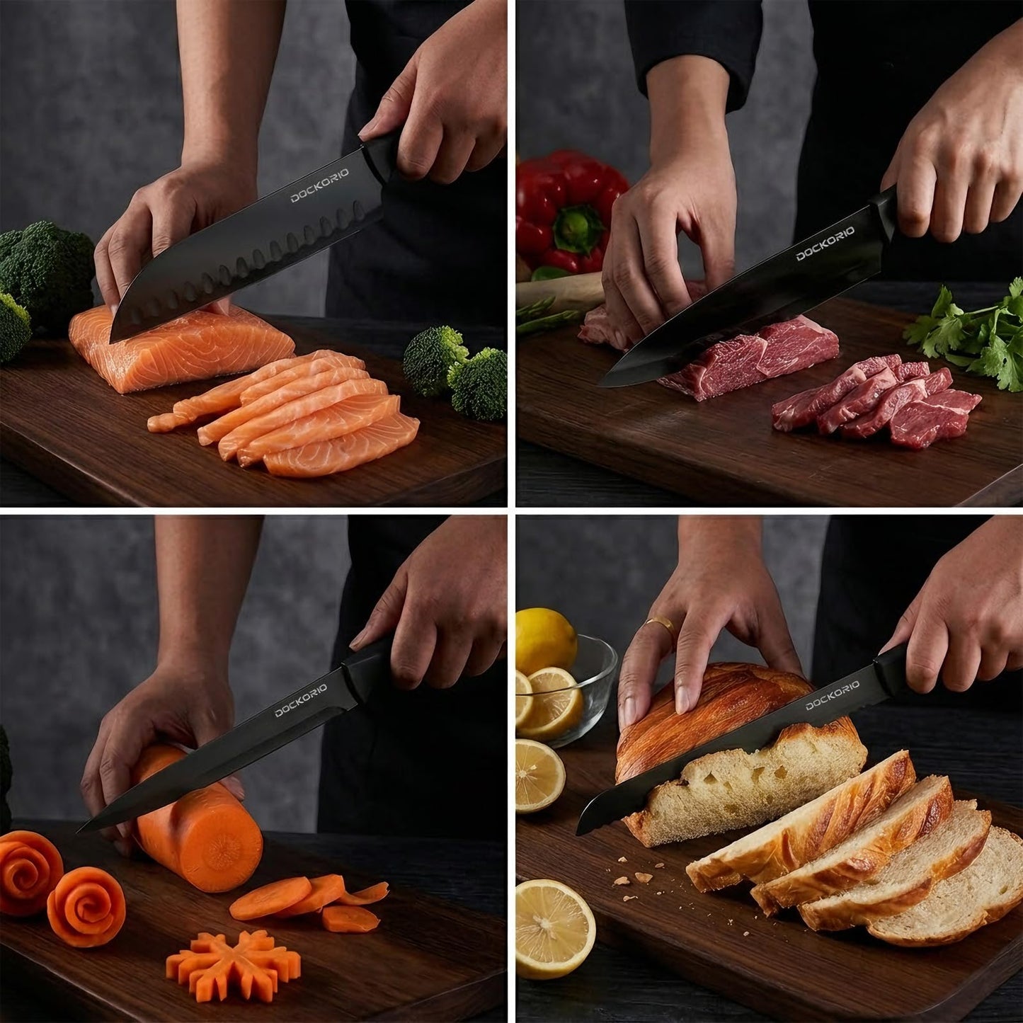 Dockorio Kitchen Knife Set with Block, 19 PCS High Carbon Stainless Steel Sharp includes Serrated Steak Knives Set, Chef Knives, Bread Knife, Scissor, Sharpener, all in one