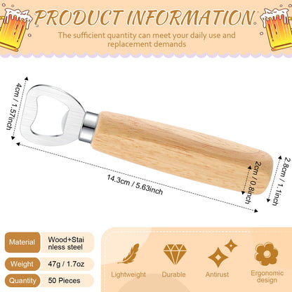 50 Pcs Wood Wine Bottle Opener Stainless Steel Bottle Opener Wood Handheld Heavy Duty Bartender Cider Engraved Gift Set for Kitchen Wedding Party Bar Home Restaurant