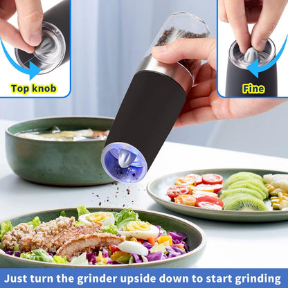 Gravity Electric Pepper and Salt Grinder Set, Battery Operated Mill with Blue LED Light, One Hand Operation, Adjustable