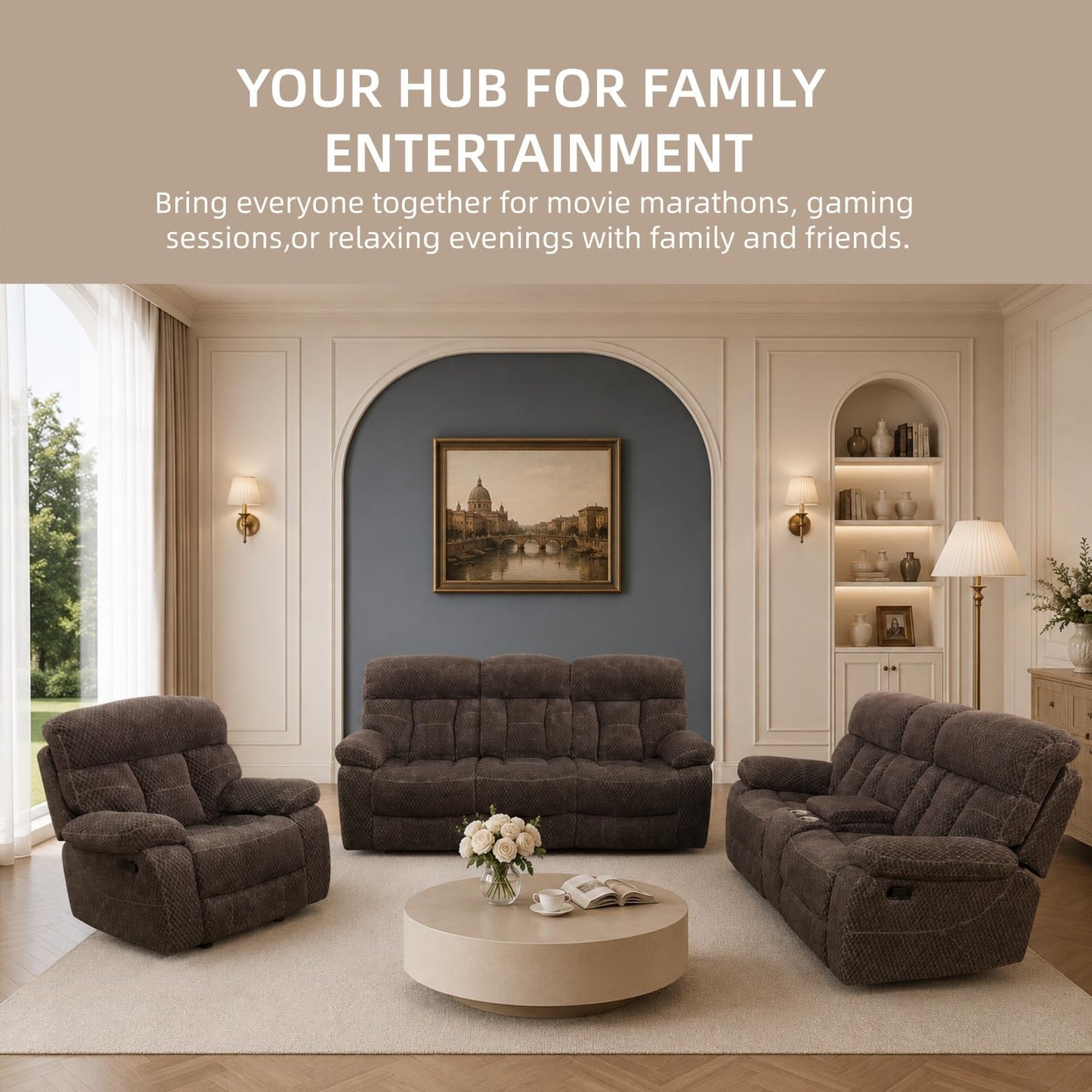 Trygoal Modern Recliner Sofa Set of 3, Cashmere Fleece Upholstered Living Room Set with Cup Holders & Storage, Ergonomic Reclining Couch with Coffee Table, Cozy Home Theater Seating, Brown