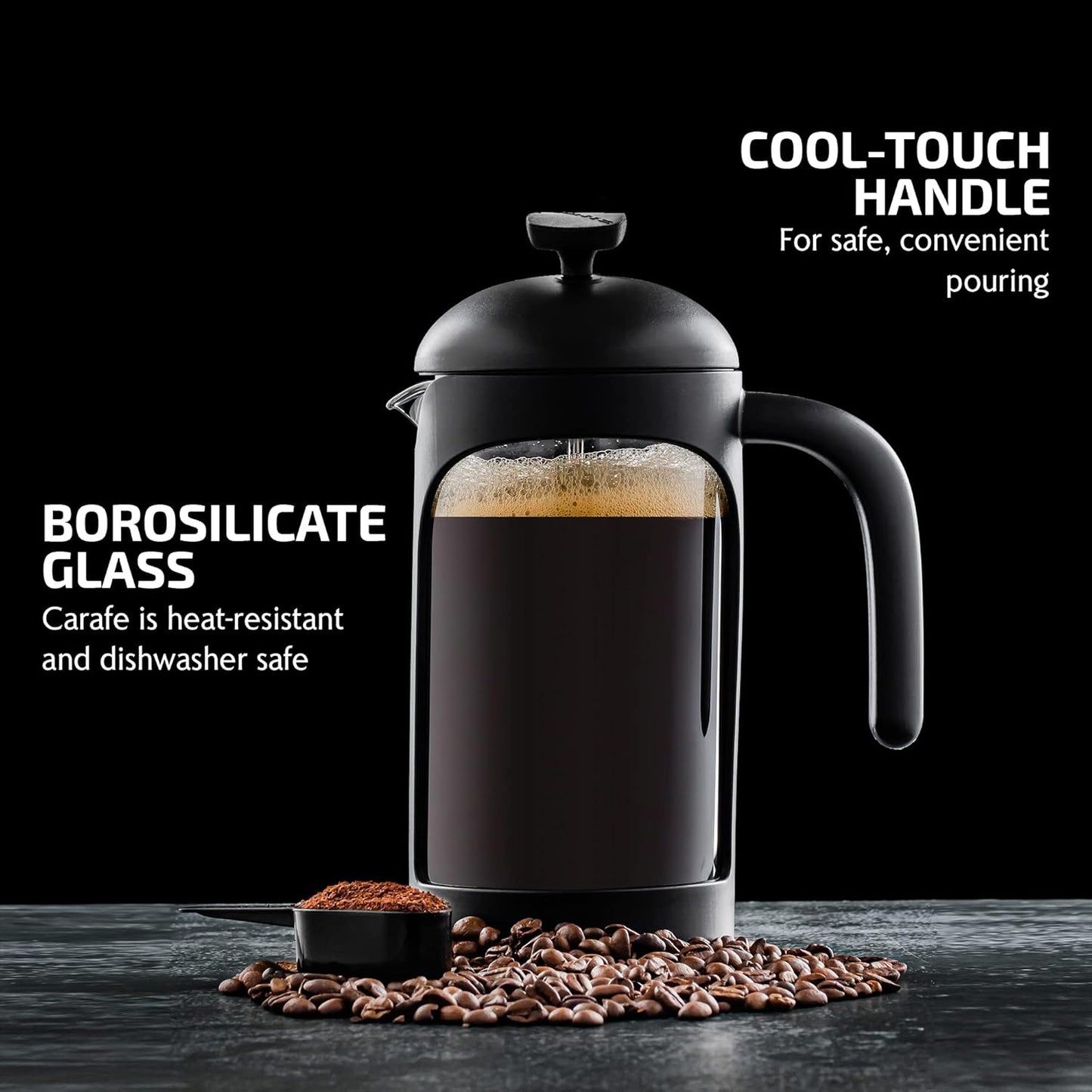 OVENTE 34 Ounce French Press Coffee Maker, Heat Resistant Borosilicate Glass, Black FPB34B
