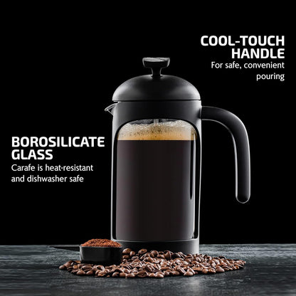 OVENTE 34 Ounce French Press Coffee Maker, Heat Resistant Borosilicate Glass, Black FPB34B
