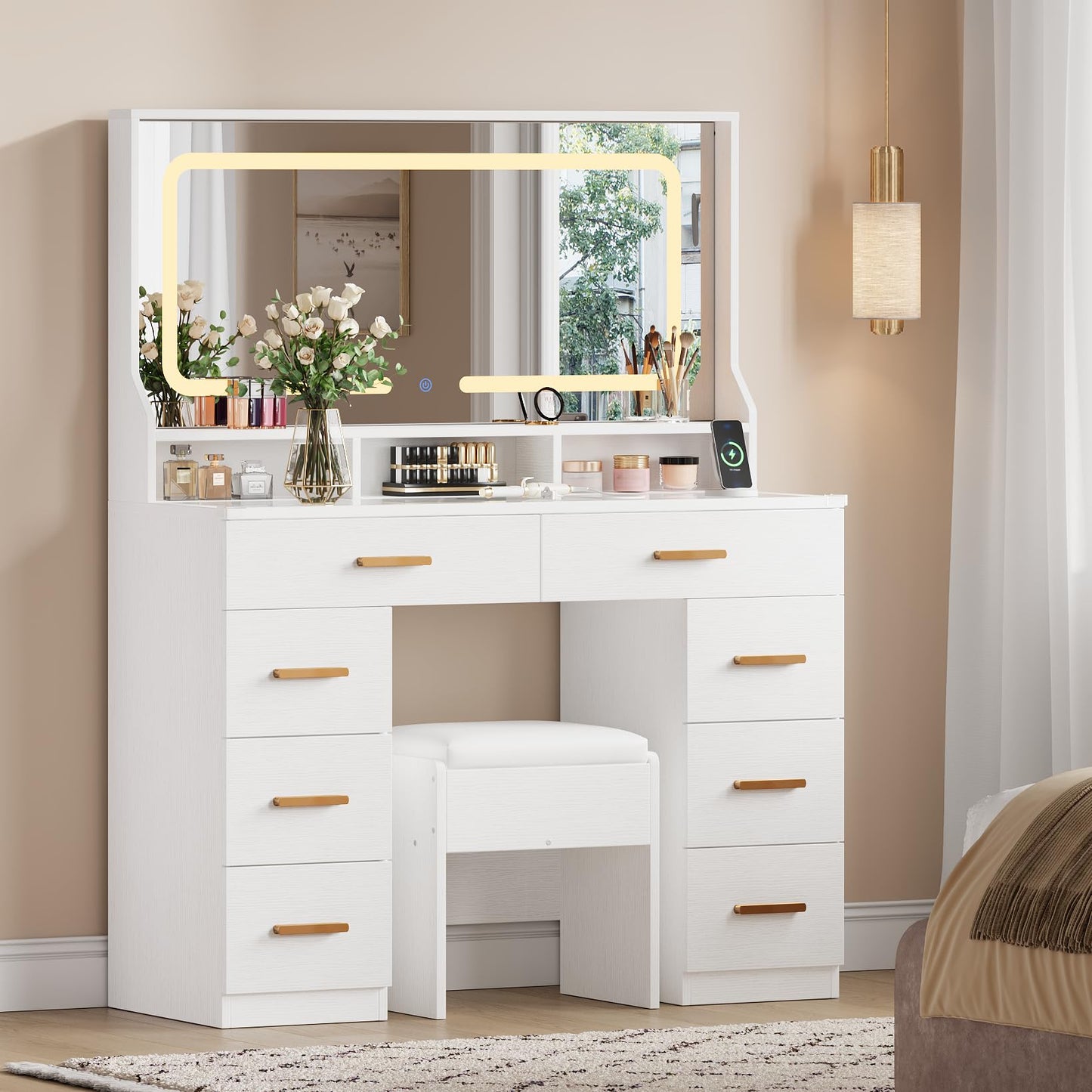MilleLoom Vanity Desk with Large Mirror & Lights, Makeup Vanity Desk with 8 Drawers & 3 Storage Shelves, Makeup Vanity Table Set with Transparent Glass Top, Stool & Power Outlet for Bedroom, White