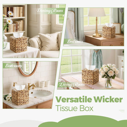 Tissue Box Cover, Square Wicker Tissue Box Holder Facial Tissues Boxes, Hand Woven Napkin Box Tissue Holder for Bathroom Bedroom Office Table Desk Night Stand, Boho Decorative, Natural