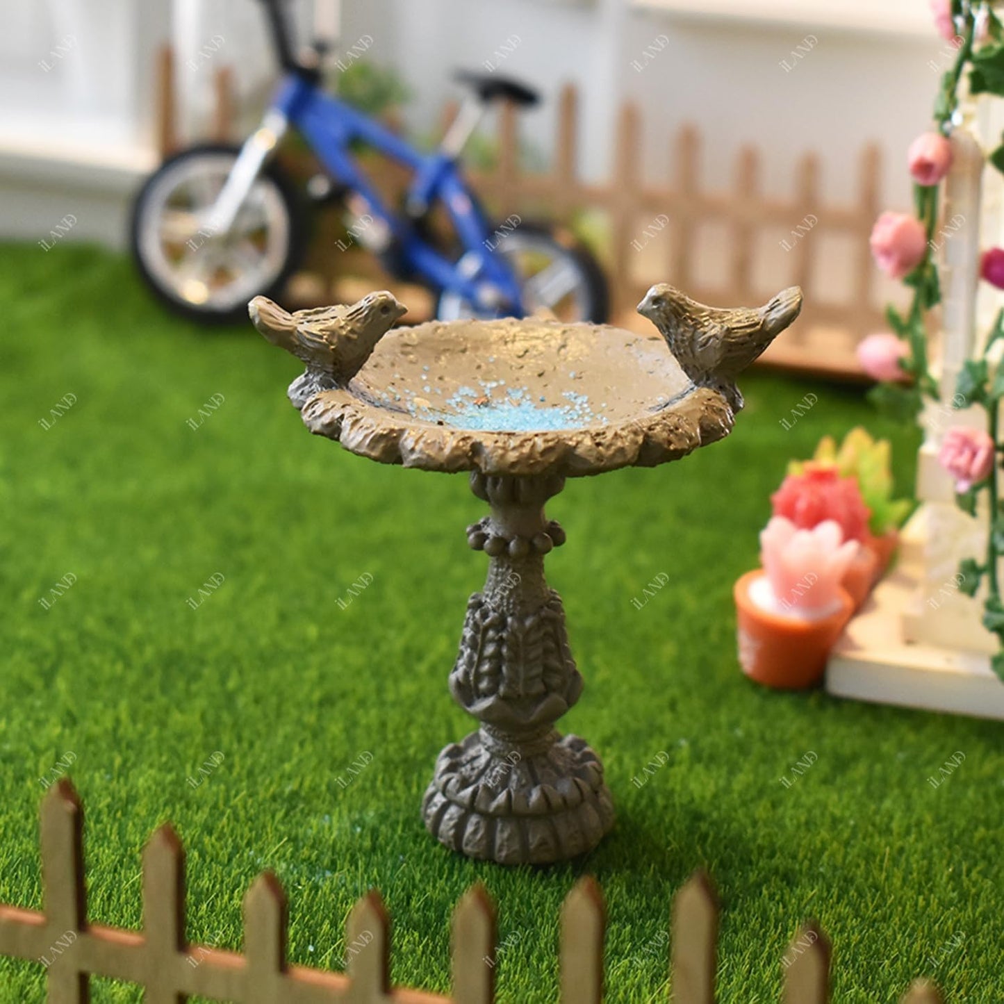 iLAND 1/12 Scale Garden Accessories Outdoor Miniature Birdbath Fountain & 2 Lion Wall Reliefs Mini Ornaments for Garden Dollhouse Décor Dollhouse Accessories