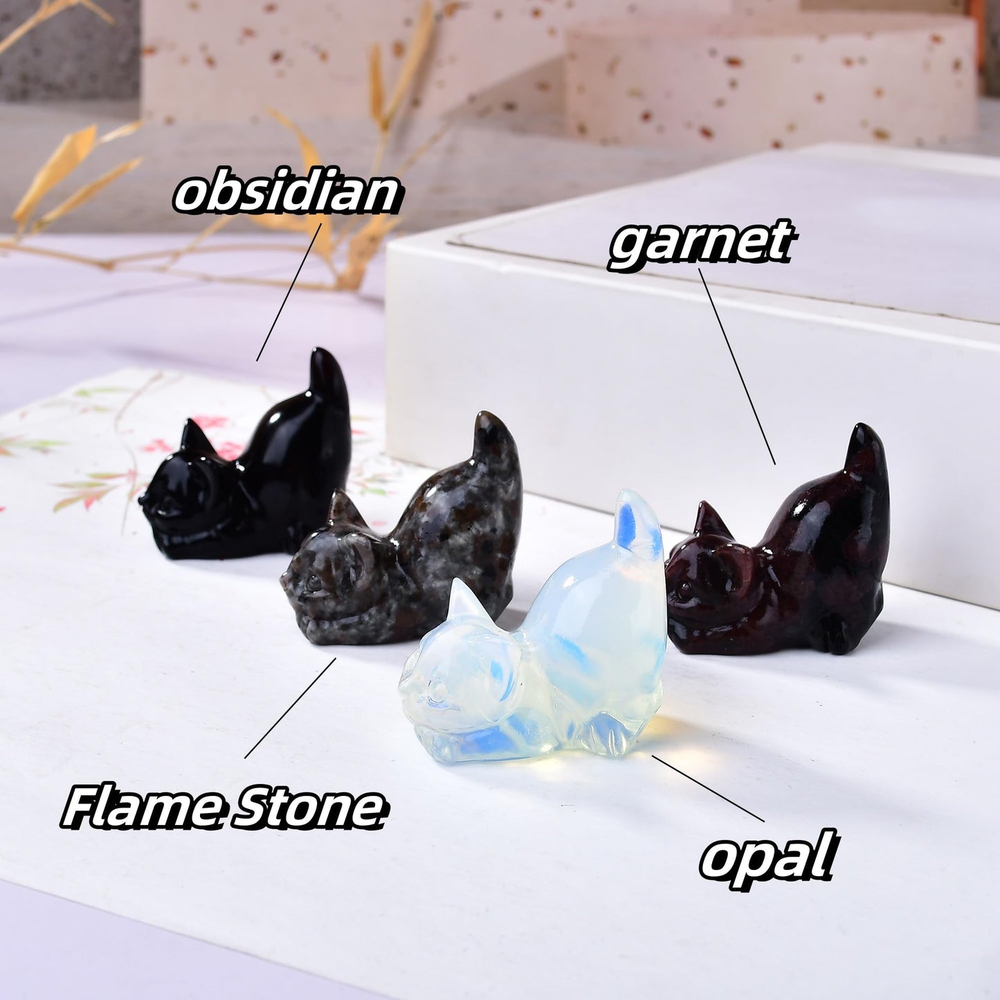 WUYOUSHI Natural Flame Stone Cat Decor Statue Crystals and Healing Stones Cat Figurine Polished Gemstones Bedroom Office Desk Home Decoration A Lucky Decoration for Cat Lover