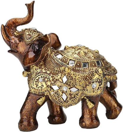 Golden Elephant Statue - Resin & Wood Grain Collectible Figurine, Feng Shui Lucky Sculpture for Home TV Cabinet