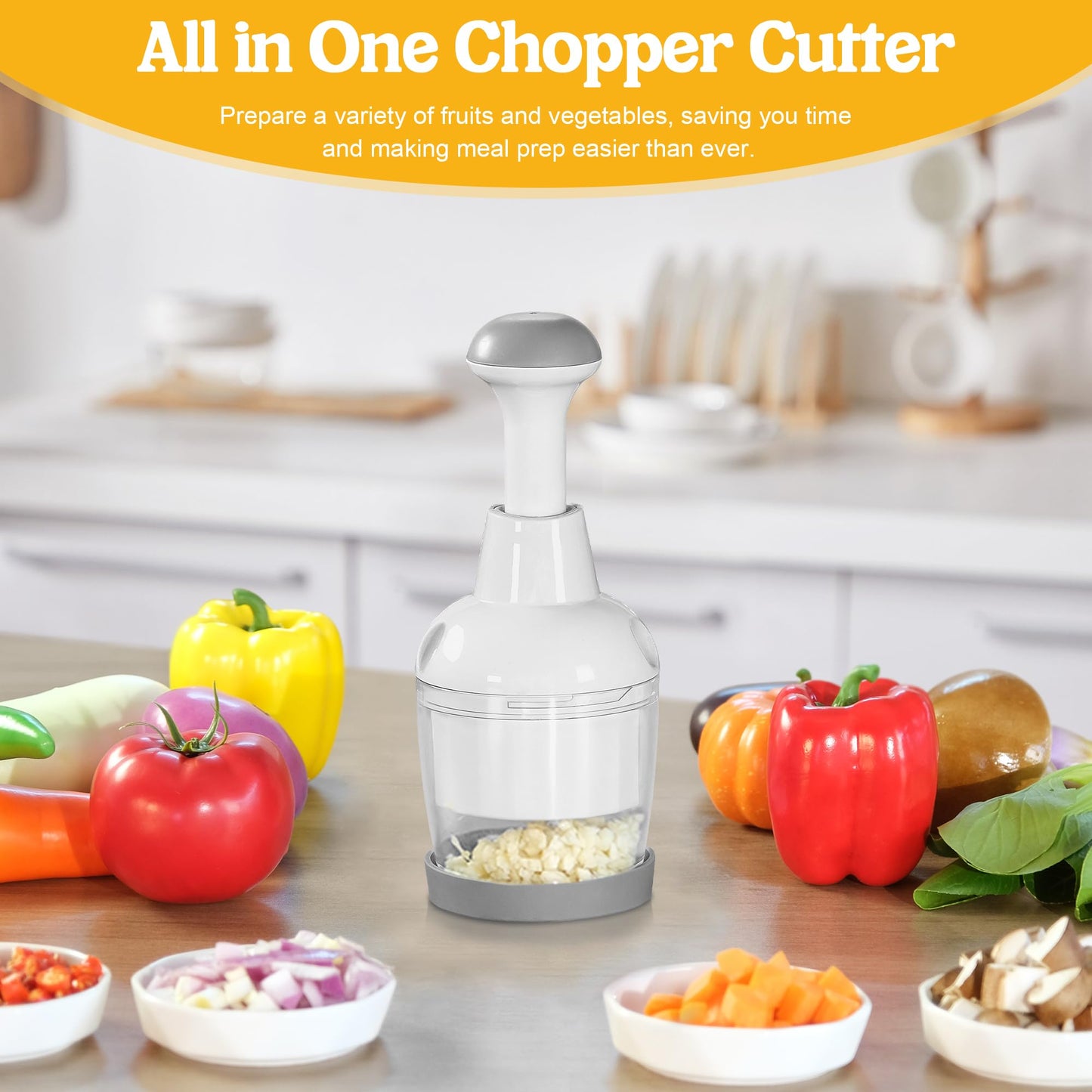 Food Chopper, Vegetable Chopper with Container, Onion Chopper Vegetable Cutter, Manual Veggie Chop Handheld Food Chopper for Garlic, Nut, Stainless Steel Blades, Dishwasher Safe, Easy to Clean, White