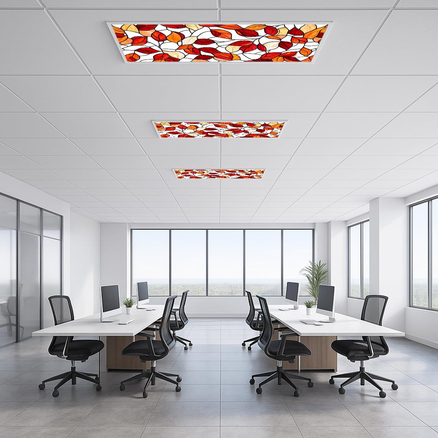 Fluorescent Light Covers for Ceiling Lights-Magnetic,2pcs,Geometric & Stained Glass Designs for Ceiling Lights 2ft x 4ft-For Classroom, Office，Home (Stained Glass Leaves, 48"L x 24"W-2pcs)