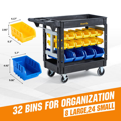 Elafros 2-Tier Utility Cart with 32 Storage Bins – Heavy-Duty Rolling Service Cart with Deep Tub Shelves, Locking Wheels, 550 lbs Capacity, 40.7"x17", for Workshop, Garage, Office