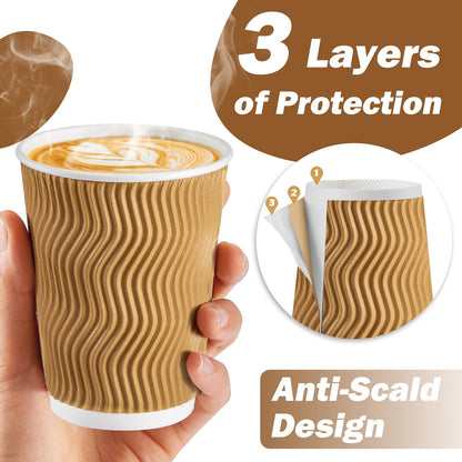 SIUQ Coffee Cups 12 oz 150 Pack, Insulated Ripple Wall Paper Coffee Cups 12 oz, Disposable Coffee Cups, Hot Beverage/Cold Drinking Cups for Office,Home,Party,Cafe,Picnic,Travel (Champagne)
