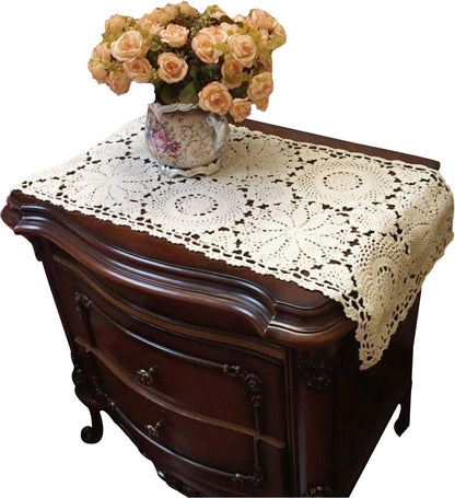 15X27inches 2PC USTIDE Floral Crochet Table Runner , Beige Cotton Table Doilies for Dressers and End Tables,Crochet