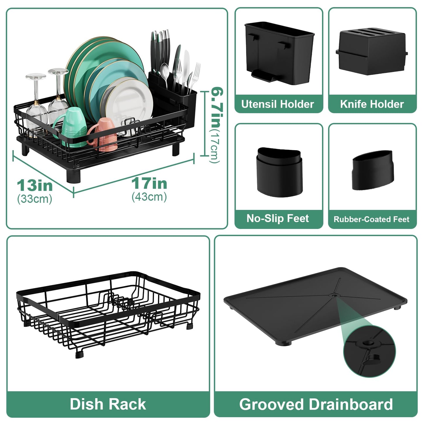 MOUKABAL Dish Drying Rack, Dish Rack, Stainless Steel Dish Racks for Kitchen Counter, Dish Drainer with Removable Utensil Holder, Drainboard (Black,13''W x 17''L)
