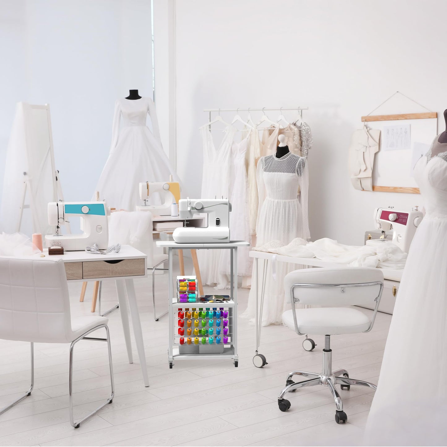 Rolling Craft Table with 56 Spools Thread Holder, 3 Storage Shelves, Portable Sewing Cabinet for Embroidery Machine, Craft Cart Organizer, White