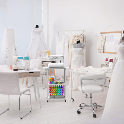 Rolling Craft Table with 56 Spools Thread Holder, 3 Storage Shelves, Portable Sewing Cabinet for Embroidery Machine, Craft Cart Organizer, White