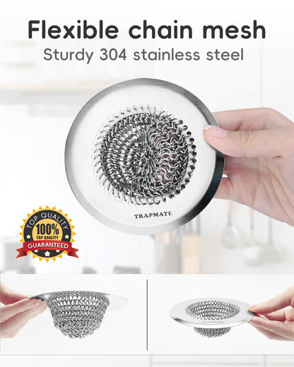 TRAPMATE 2 Pcs Kitchen Sink Drain Strainer, Stainless Steel Sink Strainer Basket with Easy Clean & Anti-Clog, Fits Garbage Disposal, Dishwasher Safe, Single & Double Bowl Sinks (Patented Product)