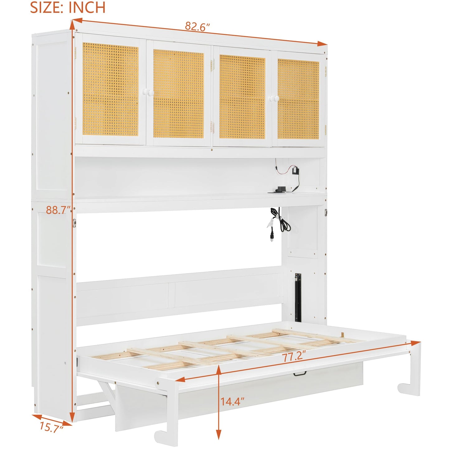 Merax Twin Murphy Bed Frame with Top Cabinet, Multi Storage Shelves & 4 Ratten Doors, 2-in-1 Bed Desk Space Saving Foldable Wall Bed with Light & USB Charging Ports, White