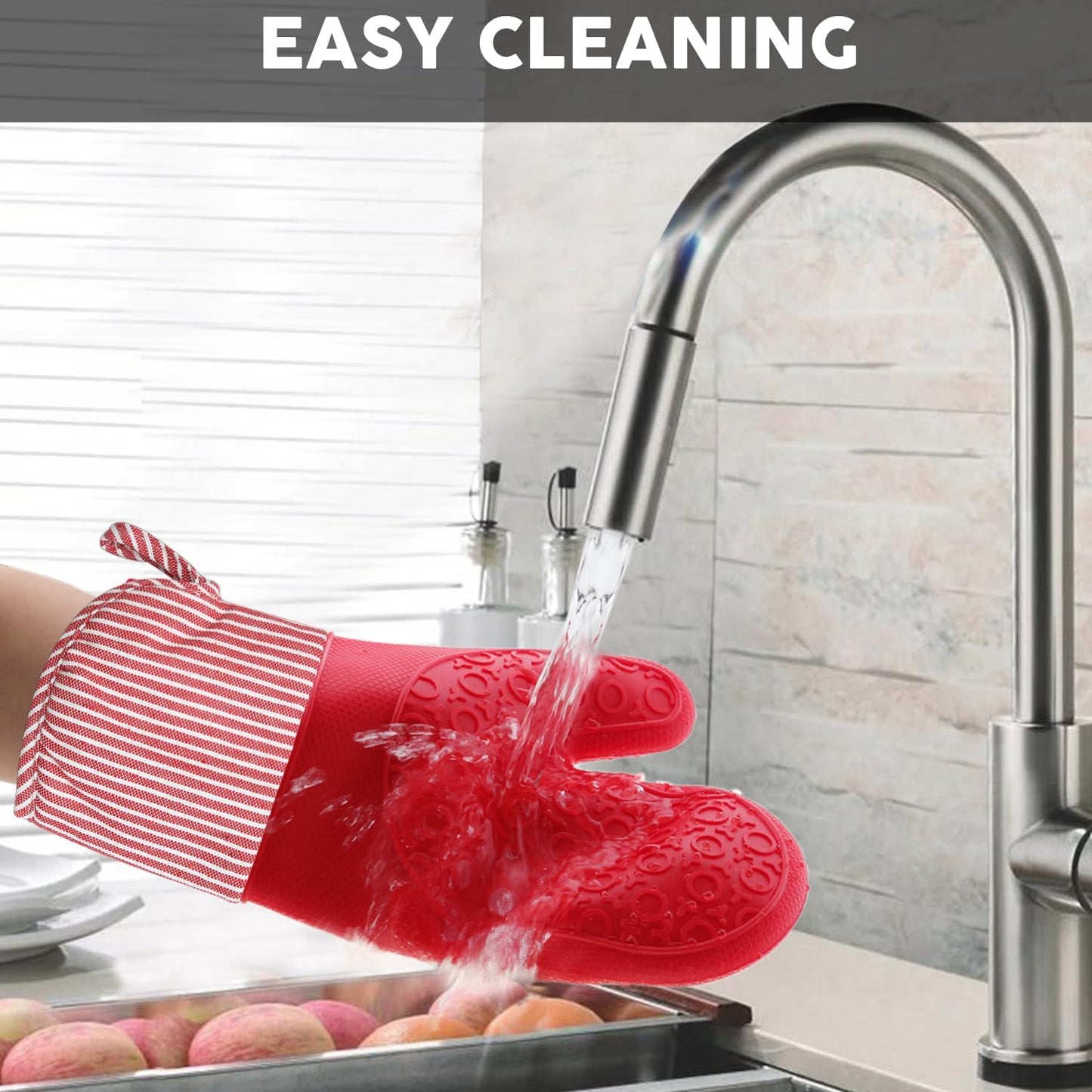 MIJOTEX Heat Resistant Silicone Oven Mitts, Set of 2 Extra Long Quilted Liner, 13 inch (RED)