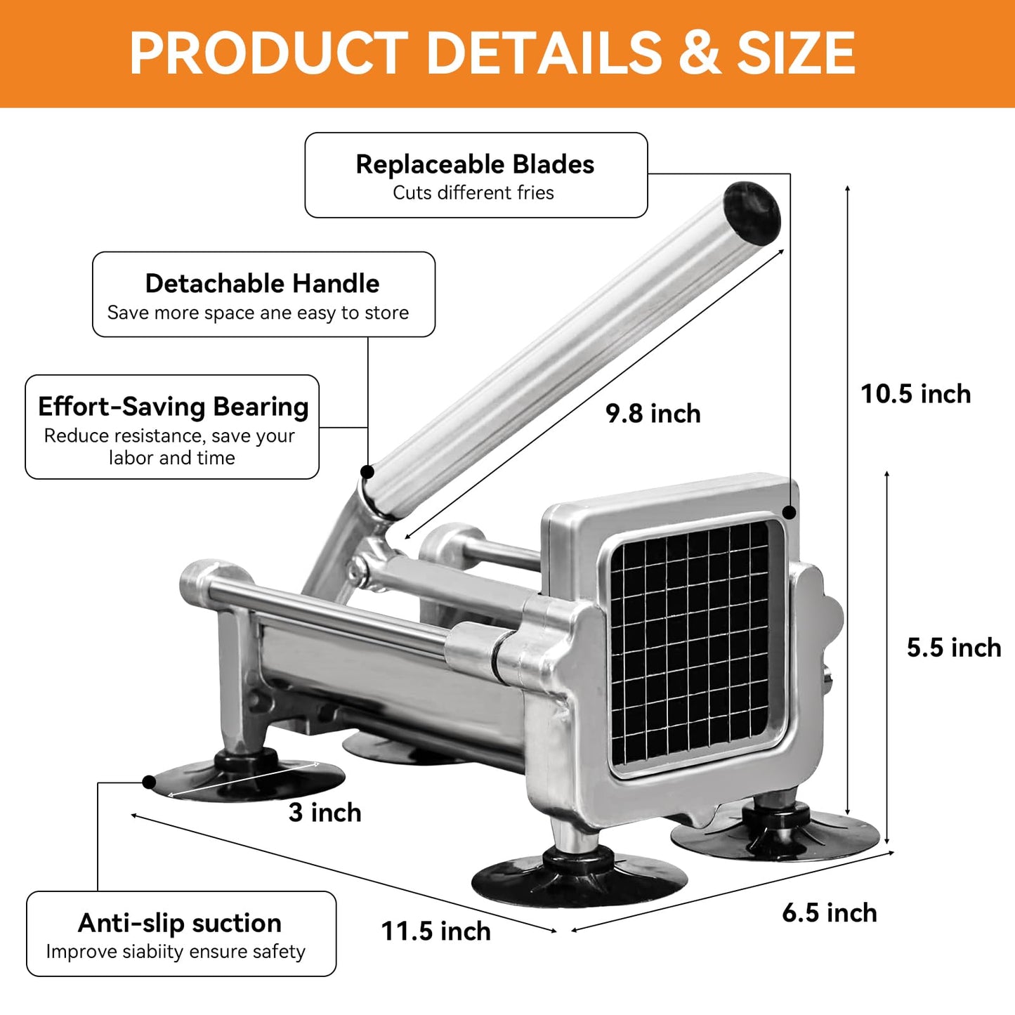 Commercial French Fry Cutter Heavy Duty Potato Slicer with 3/8&1/4&1/2 Inch Blade, Stainless Steel Potato Chopper French Fries Cutter with Suction Feet for Potato Carrot Yam Cucumbers