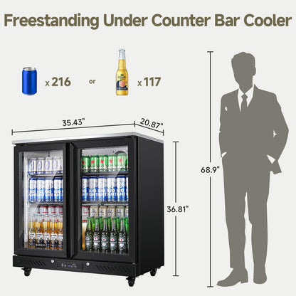 BODEGACOOLER Back Bar Cooler with 2 Glass Doors,7.7 Cu.ft Commercial Bar Beverage Refrigerator Under Counter LED Lighting for Soda Drinks,Beer,Wine with Stainless Steel Top,DOE Approved,4 Casters