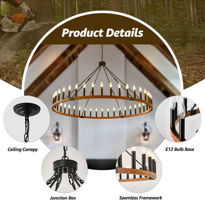 FOVICY 60-Inch Wagon Wheel Chandelier, 42-Light Large Rustic Farmhouse Chandelier for High Ceilings, Wooden Round Chandelier Lighting for Foyer, Entryway, Living Room, Dining Room
