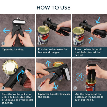 KITCHENDAO Replaceable Can Opener with 2 Extra Blades, Super Sharp Manual Can Opener with Magnet, Smooth Edge Cut Handheld Tin Opener, Large Turning Knob for Seniors & Arthritis, Black