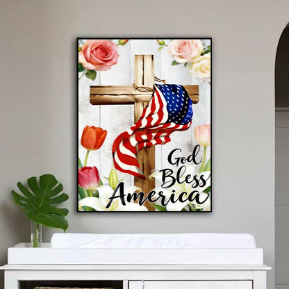 Lvmuu 5D Patriotic Diamond Painting Kits for Adults American Flag, Cross God Bless America Full Square Drill Diamonds Art Kits for Beginner DIY Paint By Numbers Art Gem Crafts Home Decoration 30x40cm