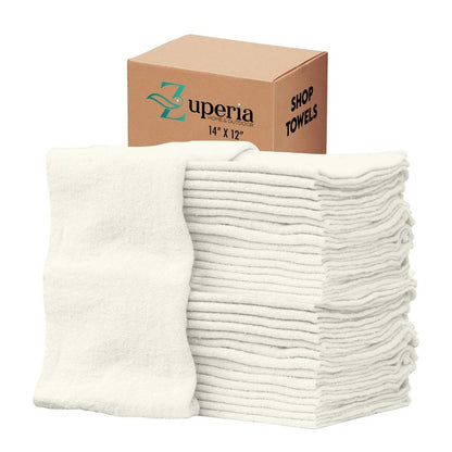 ZUPERIA Cotton Shop Towel – Multipurpose Cleaning Cloths (14" x 12" - Pack of 150 - White) Reusable Shop Rags for Automobiles, Industrial, Restaurants, Garage, and Homes