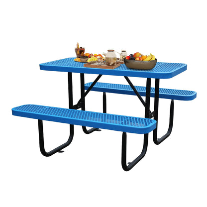 4FT Metal Picnic Tables for Outdoors, Commercial Rectangular Picnic Table and Bench Set for Outside, Patio, Garden, Backyard, Porch, Surface Mount, Blue