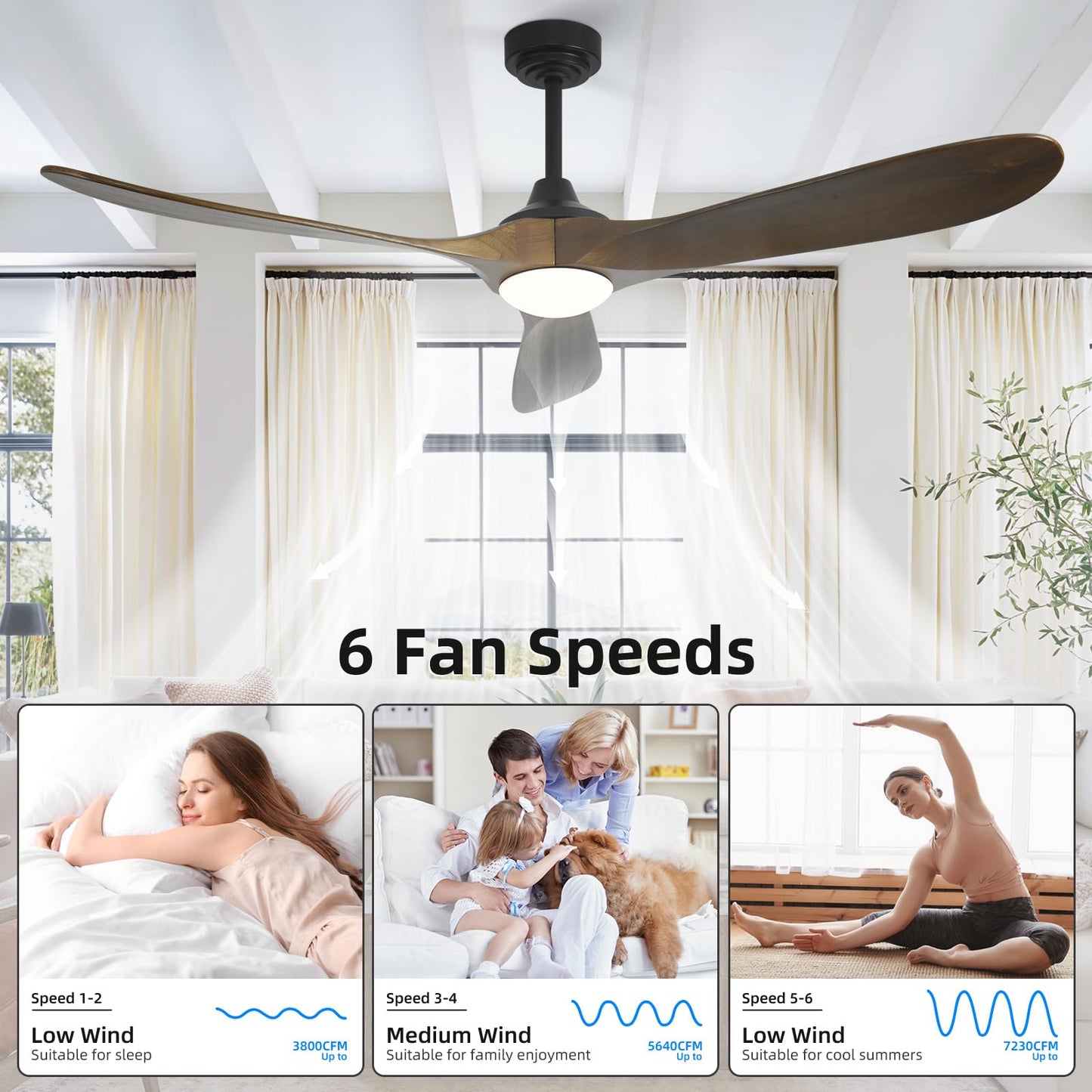 Homlit Ceiling Fan with Lights, 72'' Solid Wood Indoor/Outdoor Ceiling Fan with Quiet Reversible DC Motor, Control with WIFI Alexa App, 3CCT Dimmable, 6 Speeds Bronze Outdoor Fan for Patio Porch