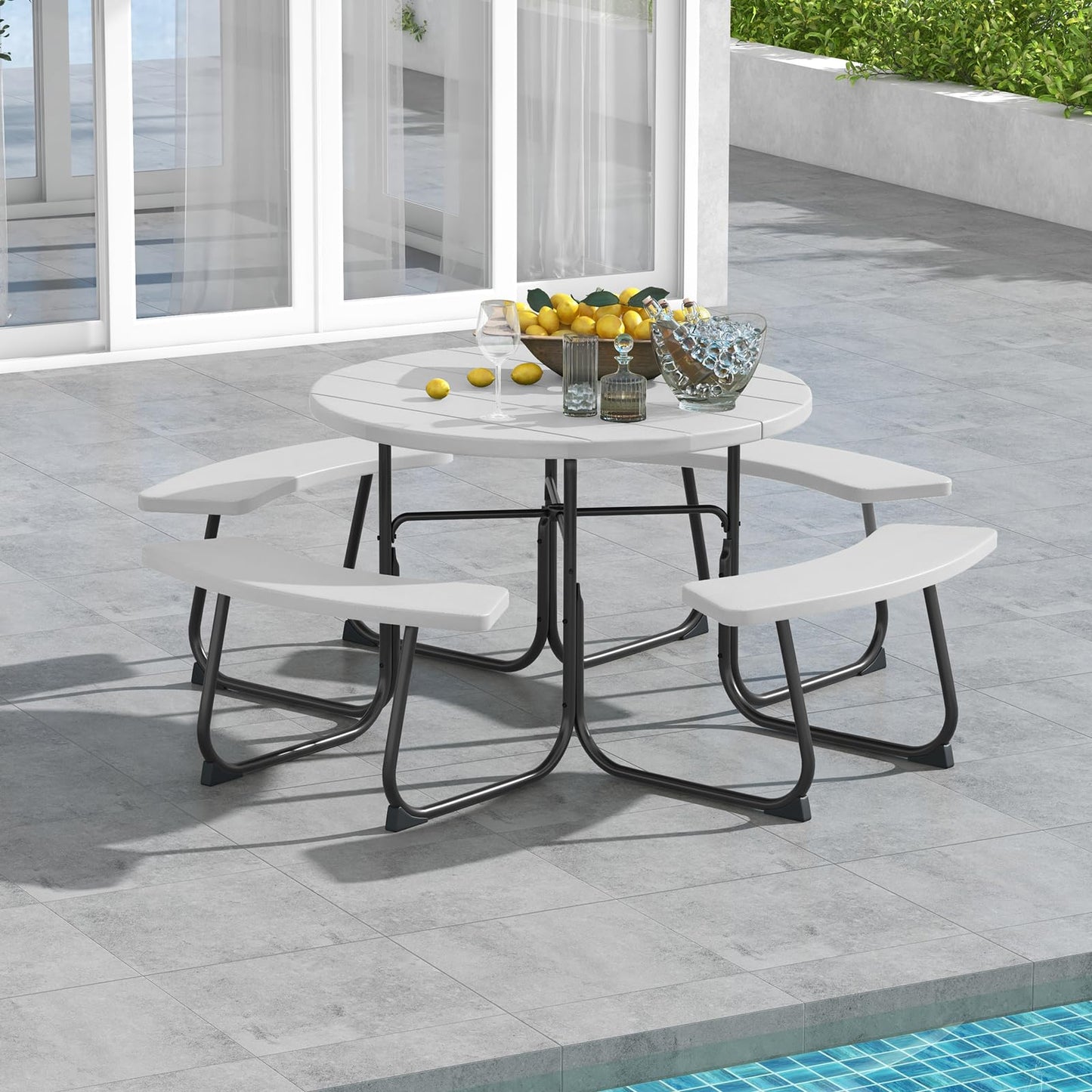Giantex Picnic Table Set for Up to 8 Persons, Round Outdoor Table and Bench Set with Umbrella Hole, HDPE Top & Metal Frame, 2000LBS Capacity, Patio Table Bench for Deck Backyard Garden (White)