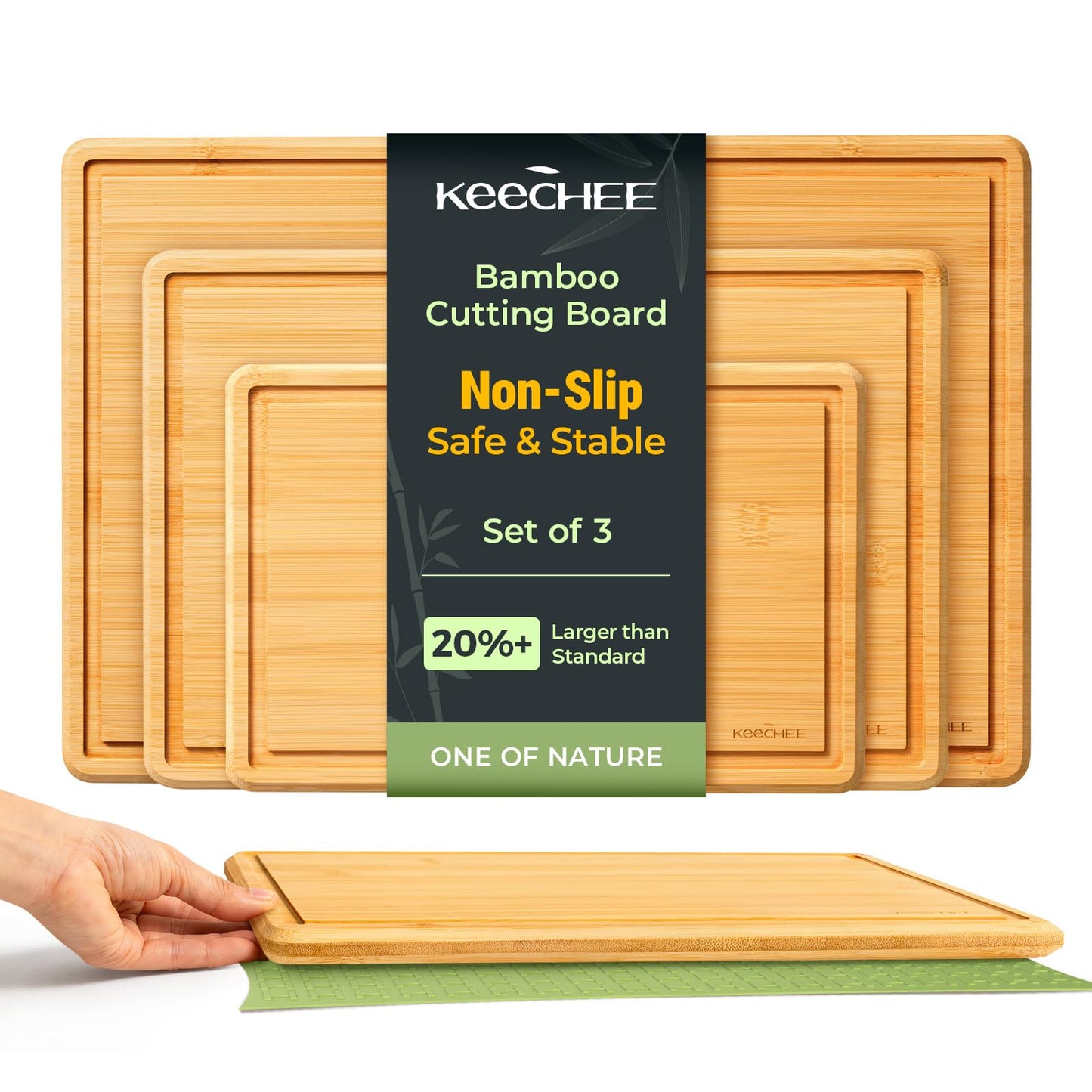 Keechee Cutting Board with Non-slip Mat, Bamboo Cutting Board for Kitchen Meal Prep & Serving - Wood Serving Board Set with Deep Juice Groove Ideal Kitchen Gifts