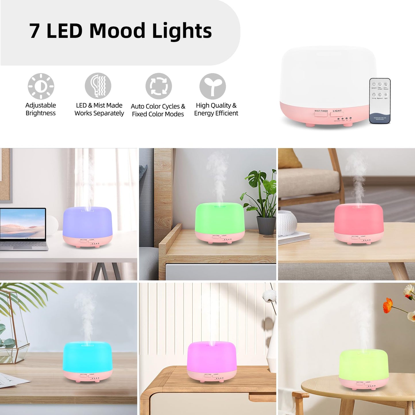 Oil Diffuser Humidifier 300ML,Electric Ultrasonic Air Aroma Diffusers Vaporizer,Scent Mist Defuser with Remote,Auto-Off,7led Color Changing Light for Large Bed Room,Home,Office