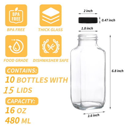 Benestanti 10 Pack 16oz Glass Juice Bottles with Lids - Reusable Juicing Bottles Glass Drinking Jars Containers with Airtight Lids & Cleaning Brush - Perfect for Juicing,Milk,Kombucha, and Storage