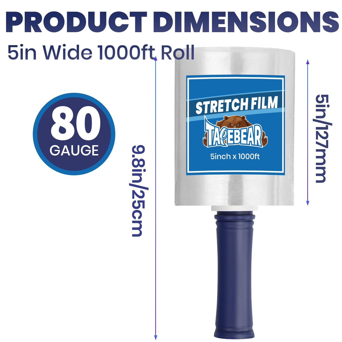 TAPEBEAR Mini Clear Stretch Wrap Film 80 Gauge 5" x 1000Ft, Shrink Wrap Roll with Handle, Durable Self-Adhering Clear Plastic Wrap Industrial Strength Pallet Shrink for Moving, Packing, 2-Pack