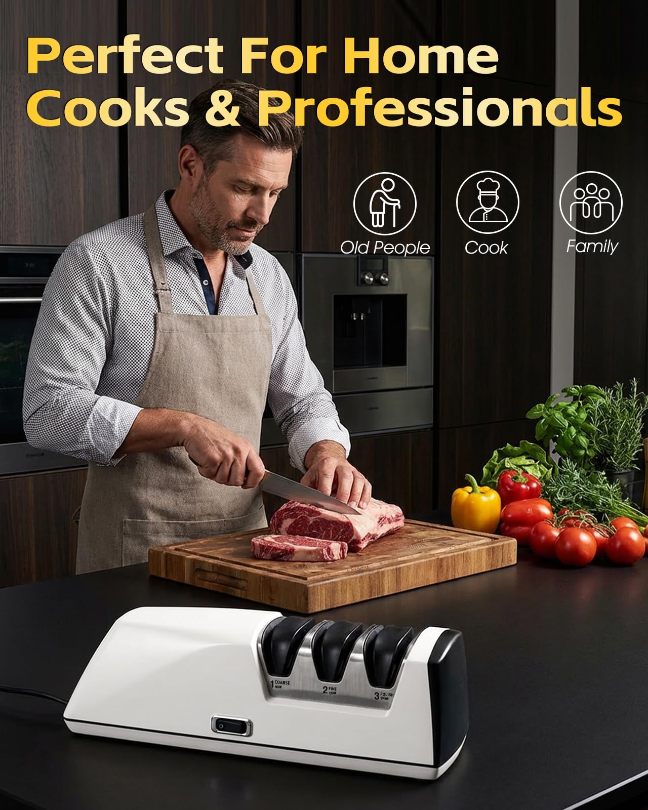 Professional Electric Knife Sharpener, 3-Stage High-Grit Diamond Sharpening System (#600/#1200/#2000) for Precision Grinding, Sharpening & Polishing, Designed for Straight & Ceramic Kitchen Knives