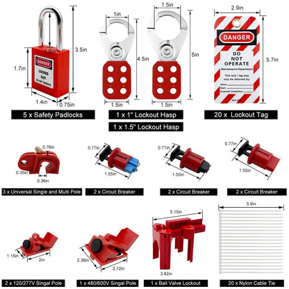 SAFBY Lockout Tagout Kit Electrical Loto - Clamp-On Circuit Breaker Lockout, Group Lockout Hasps, Lockout Tag, Universal Multi- Pole Breaker for Kit Station (Box Orange Kit)