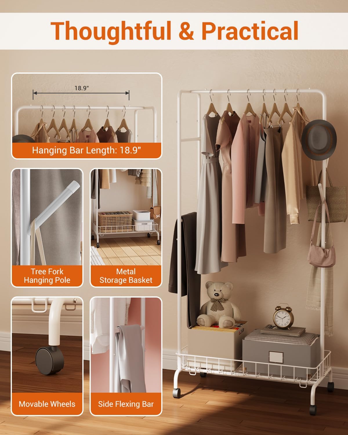 Clothes Rack, Multi-Functional Rolling Garment Rack with Metal Storage Basket and Side Flexing Bar (White)